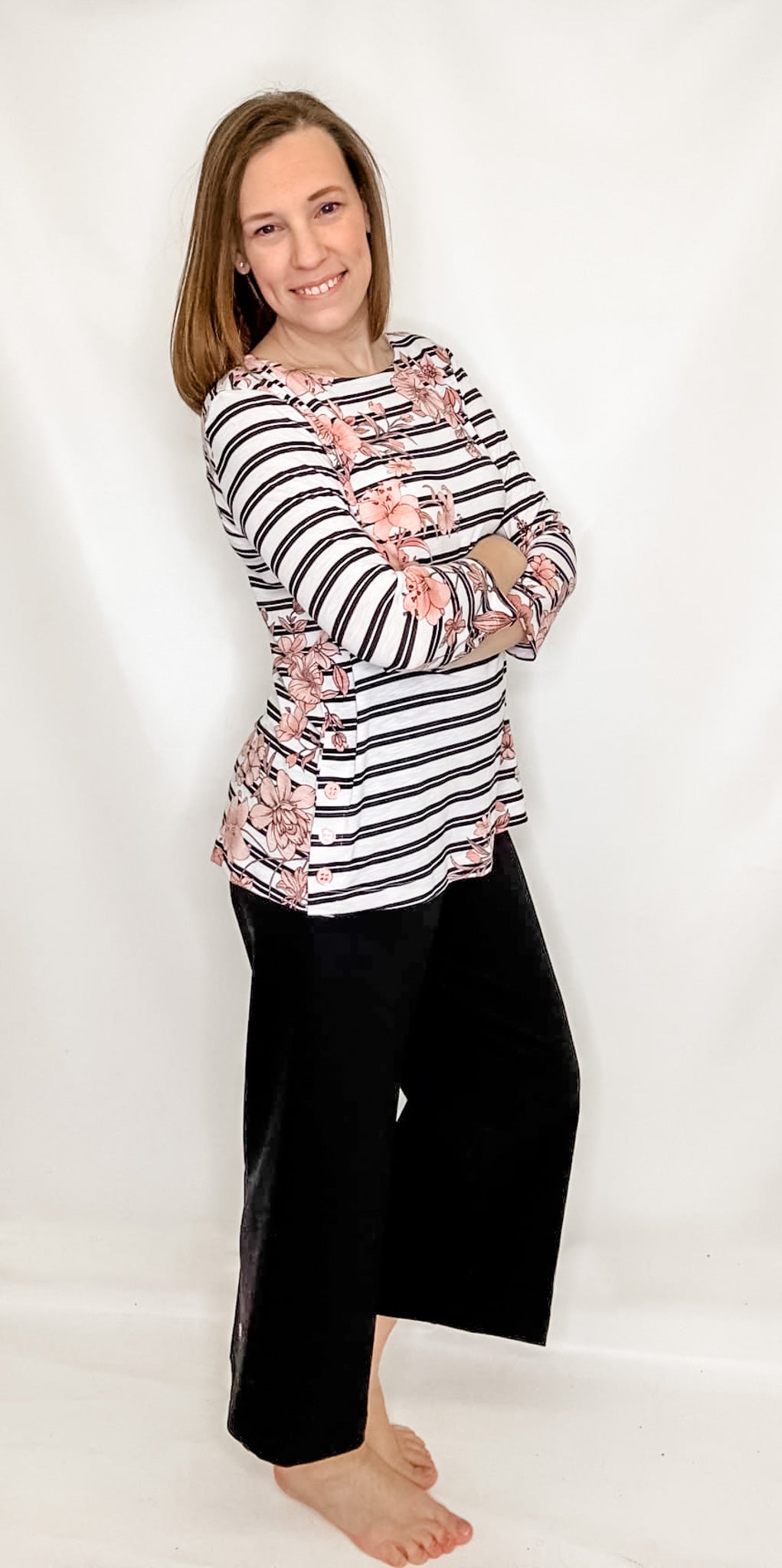 Multiples Black Stripe & Pink Floral 3/4 Sleeve Top