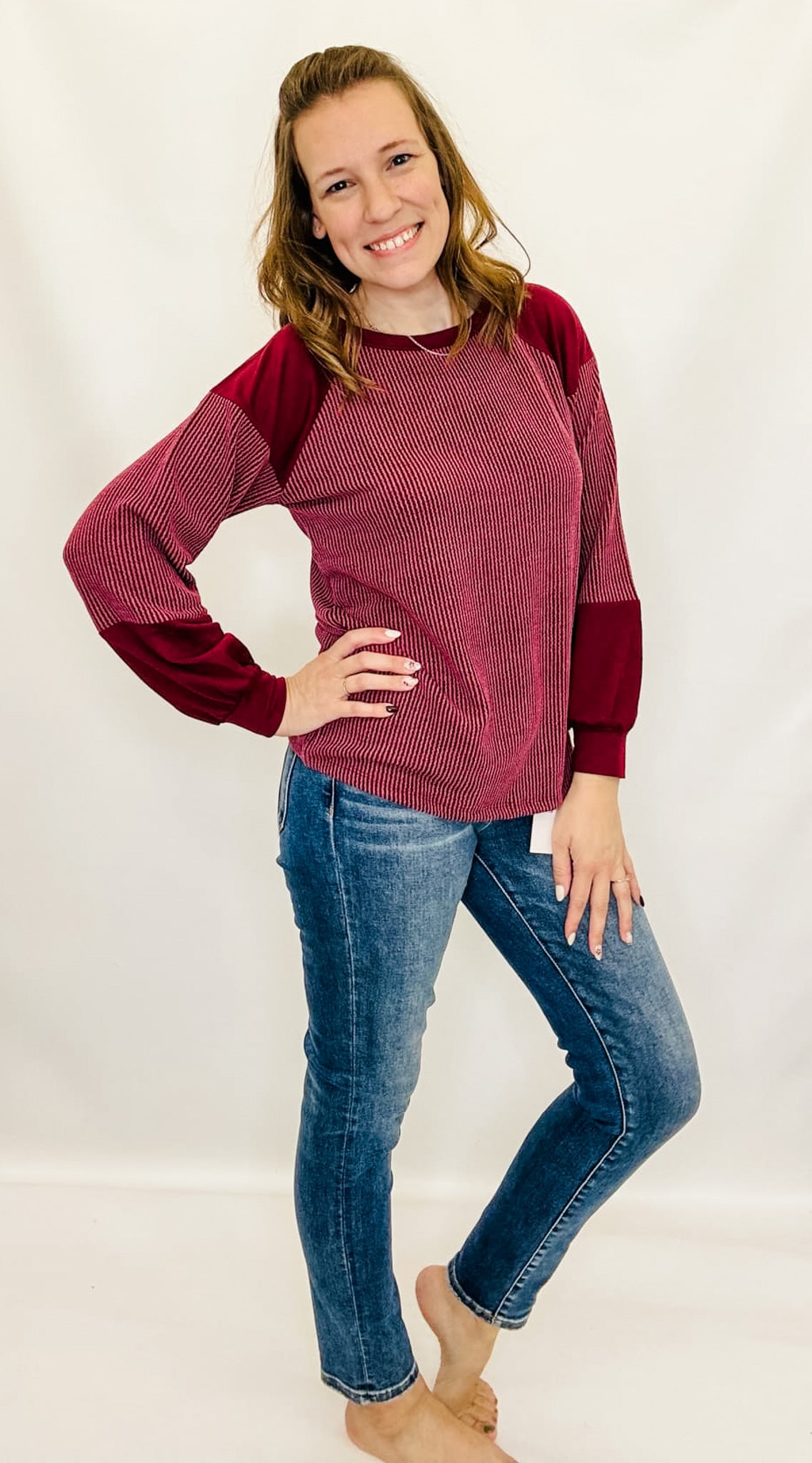 Burgundy Ribbed Knit Long Sleeve Top