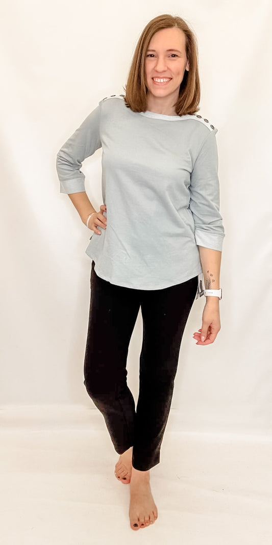 Multiples Sky Gray 3/4 Sleeve Top with Buttons