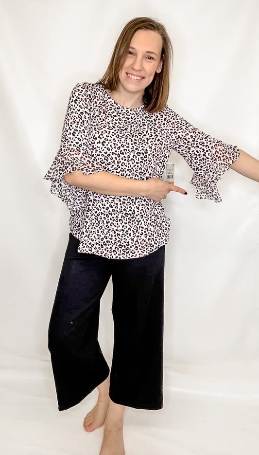 Multiples Black & Blush Animal Print, Flounce Sleeve Top