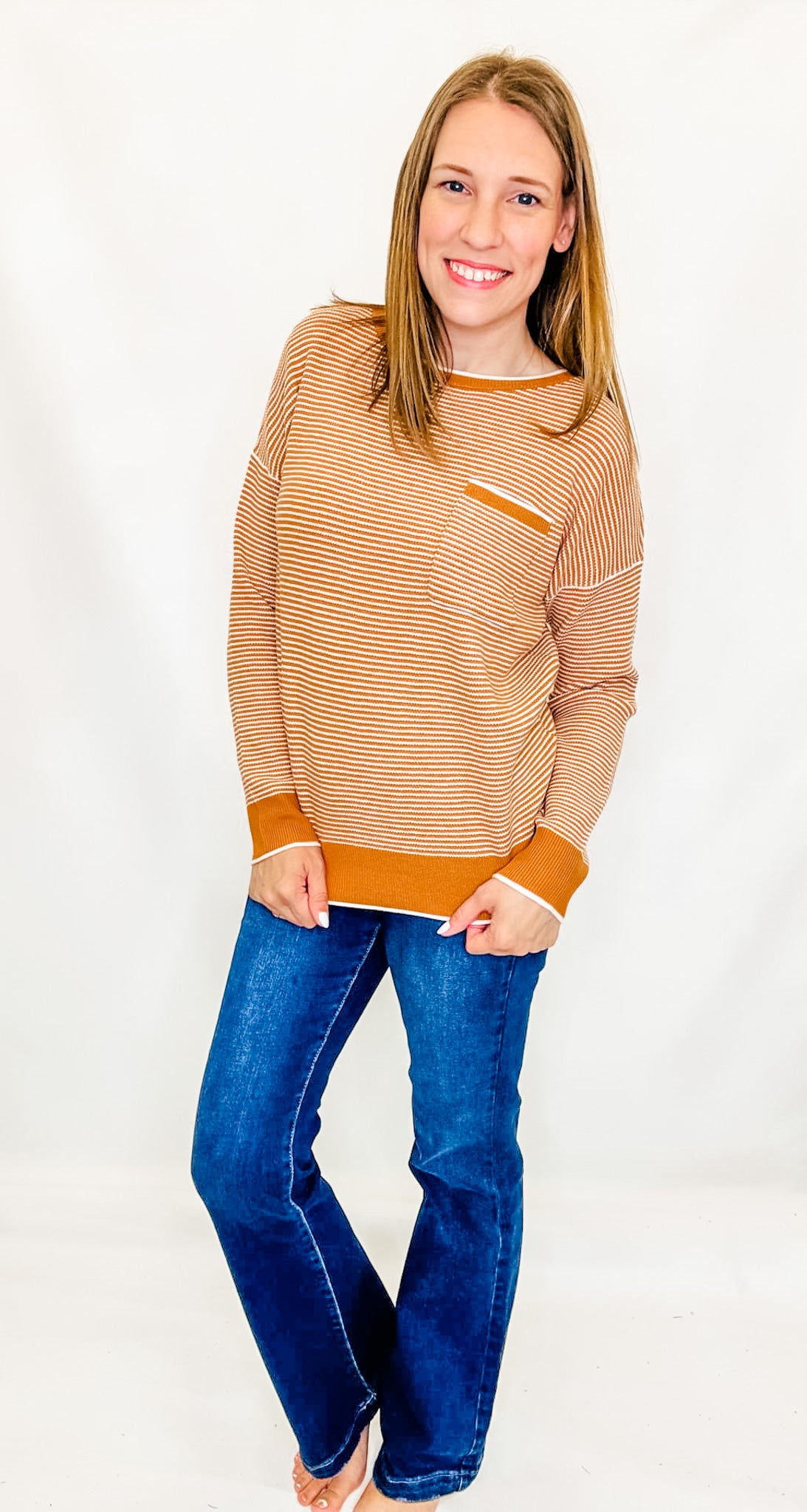 Camel Stripe Knit Crew Neck