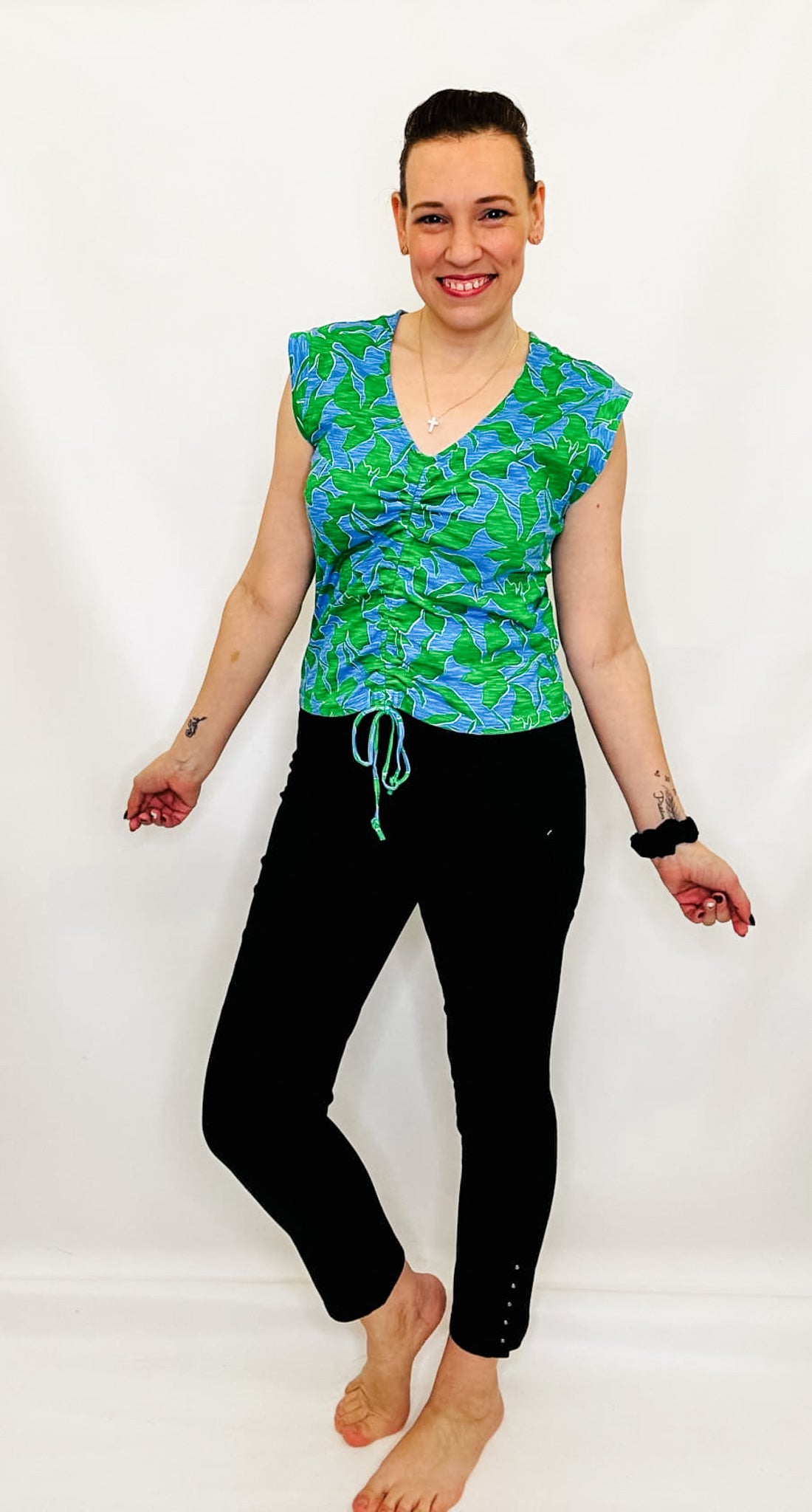 Tribal Green & Blue Floral Cinched Top