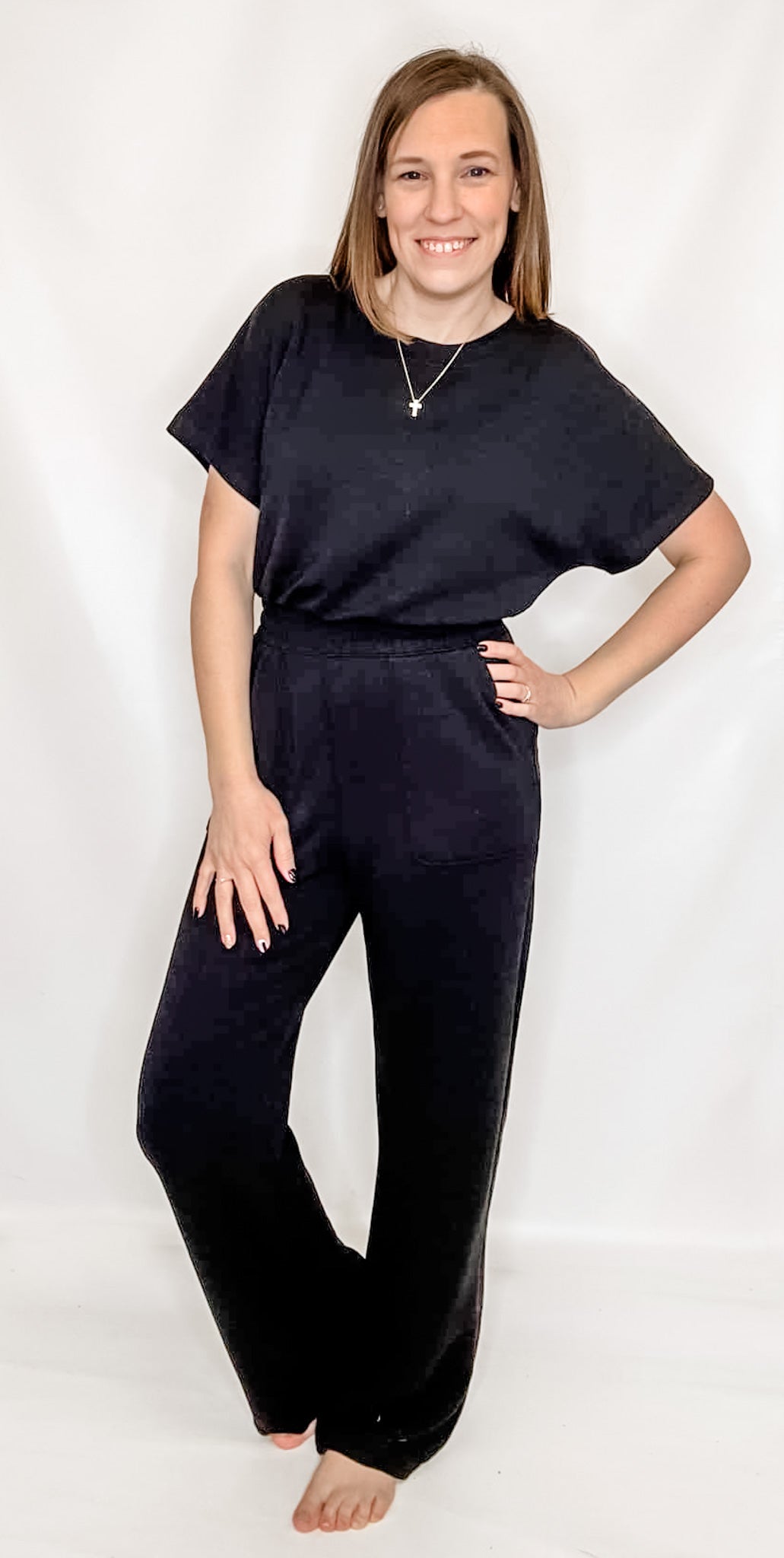 Black Scuba Knit Short Sleeve Jumpsuit