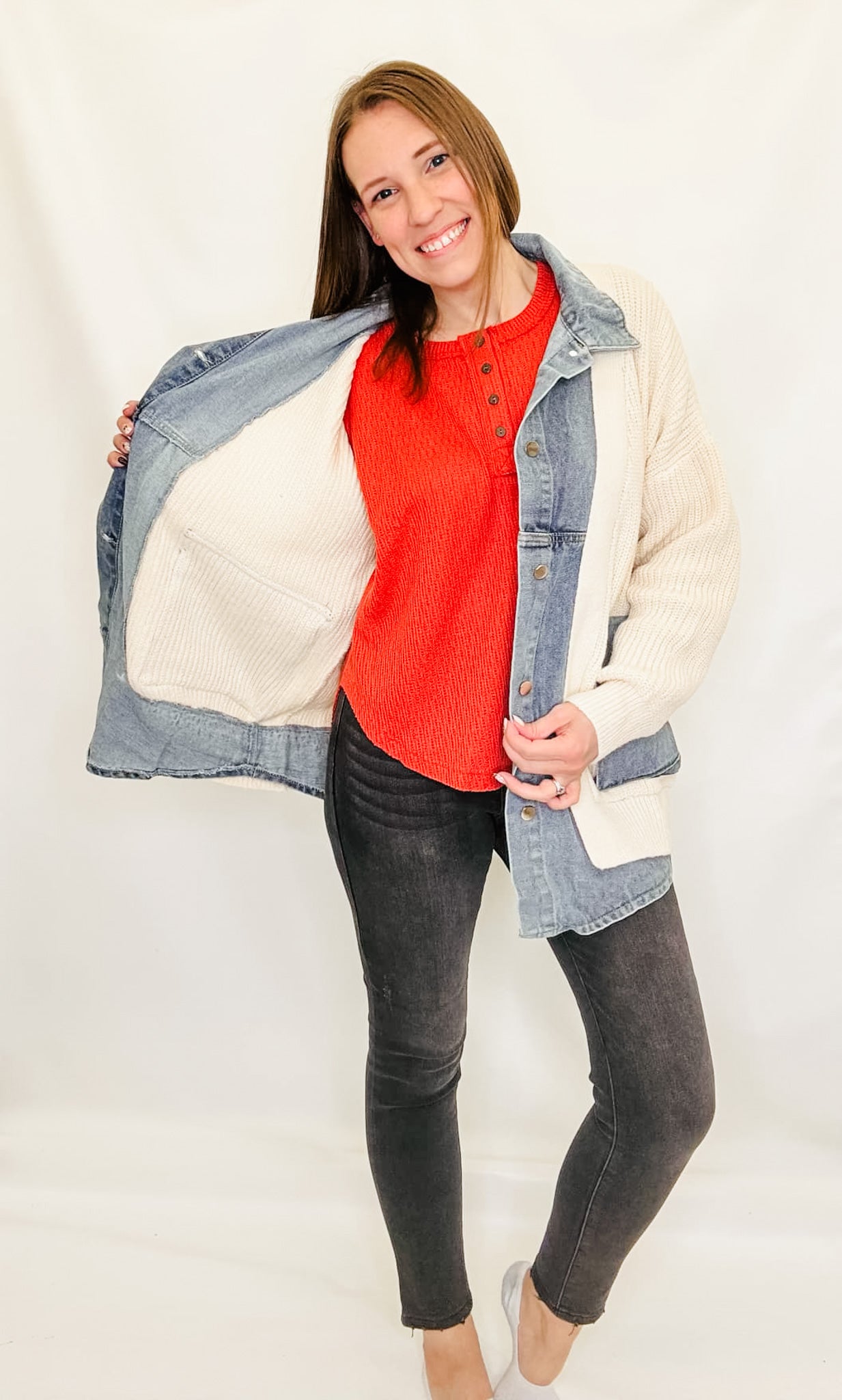 Denim Jacket Trim Ribbed Cardigan