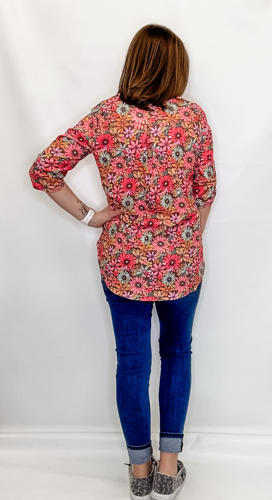 Colorful Floral & Mocha 3/4 Sleeve Top