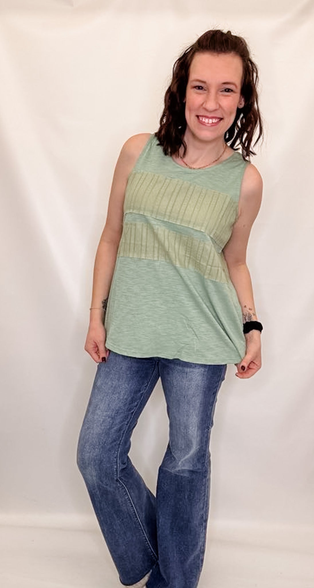 Sage Green Patch Stripe Sleeveless Tank