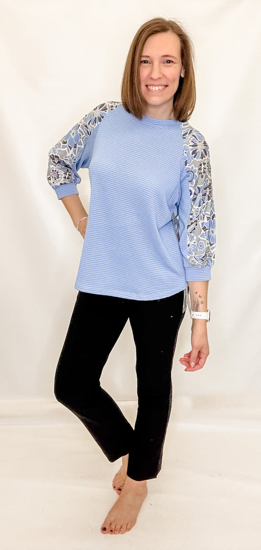 Multiples Cornflower Blue & Floral 3/4 Sleeve Top