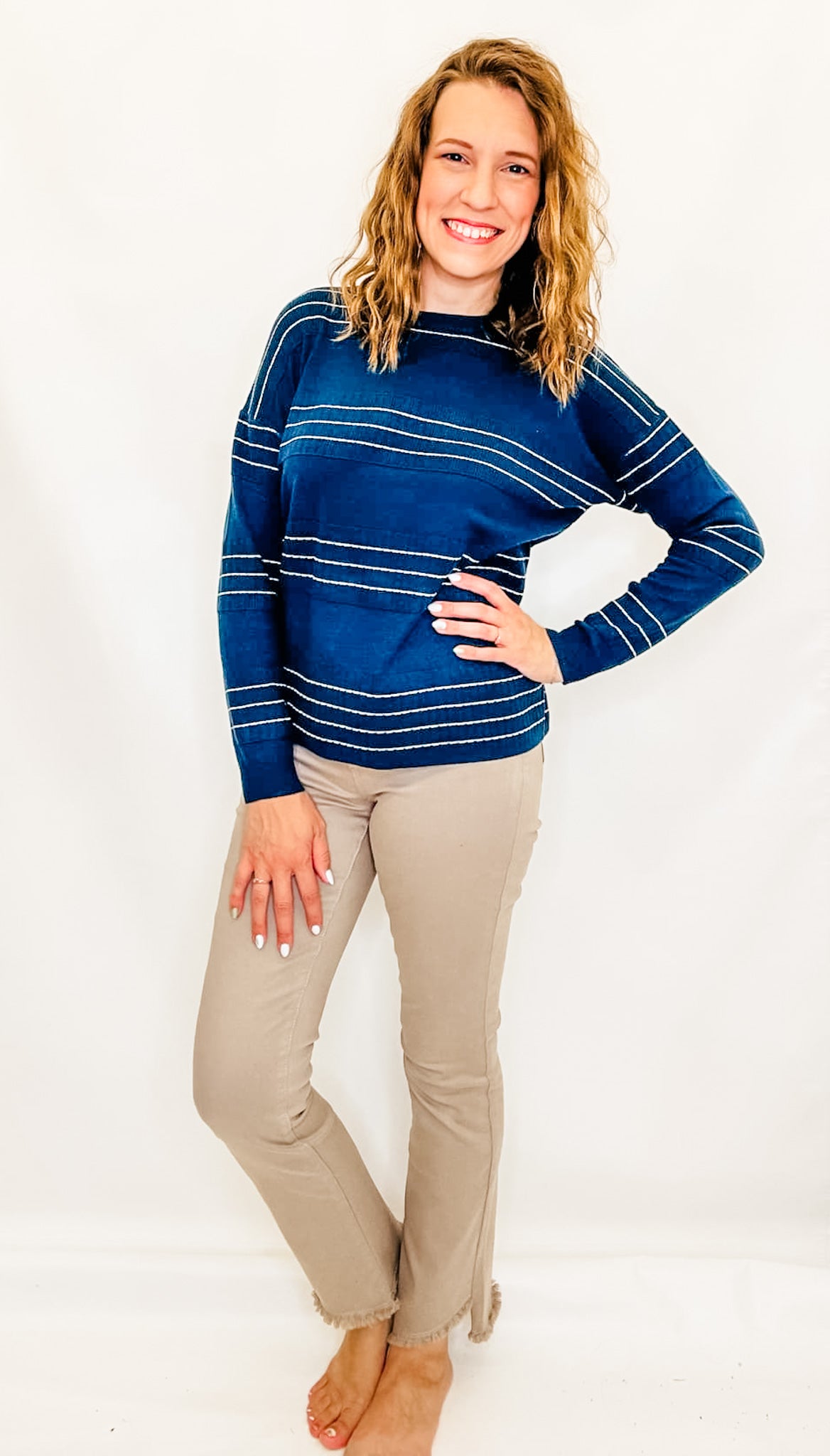 Dark Teal & Cream Stripe Knit Crew Neck Sweater