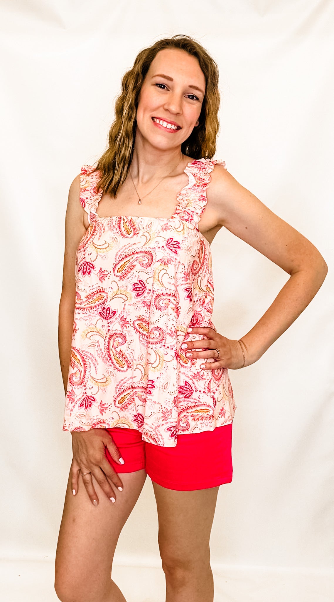 Pink Paisley Smocked Shoulder Tank