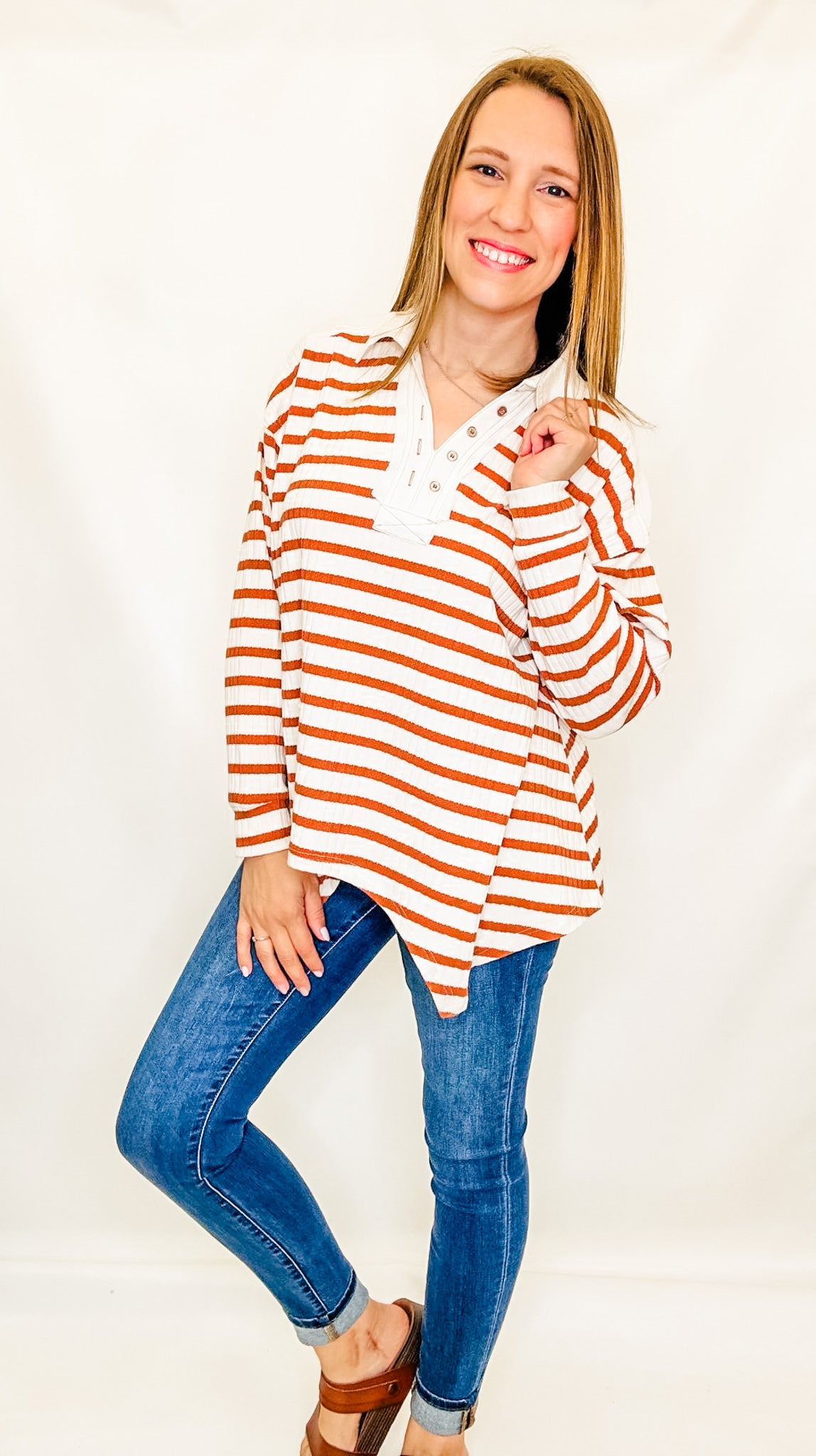 Cream & Rust Stripes Top with Collar