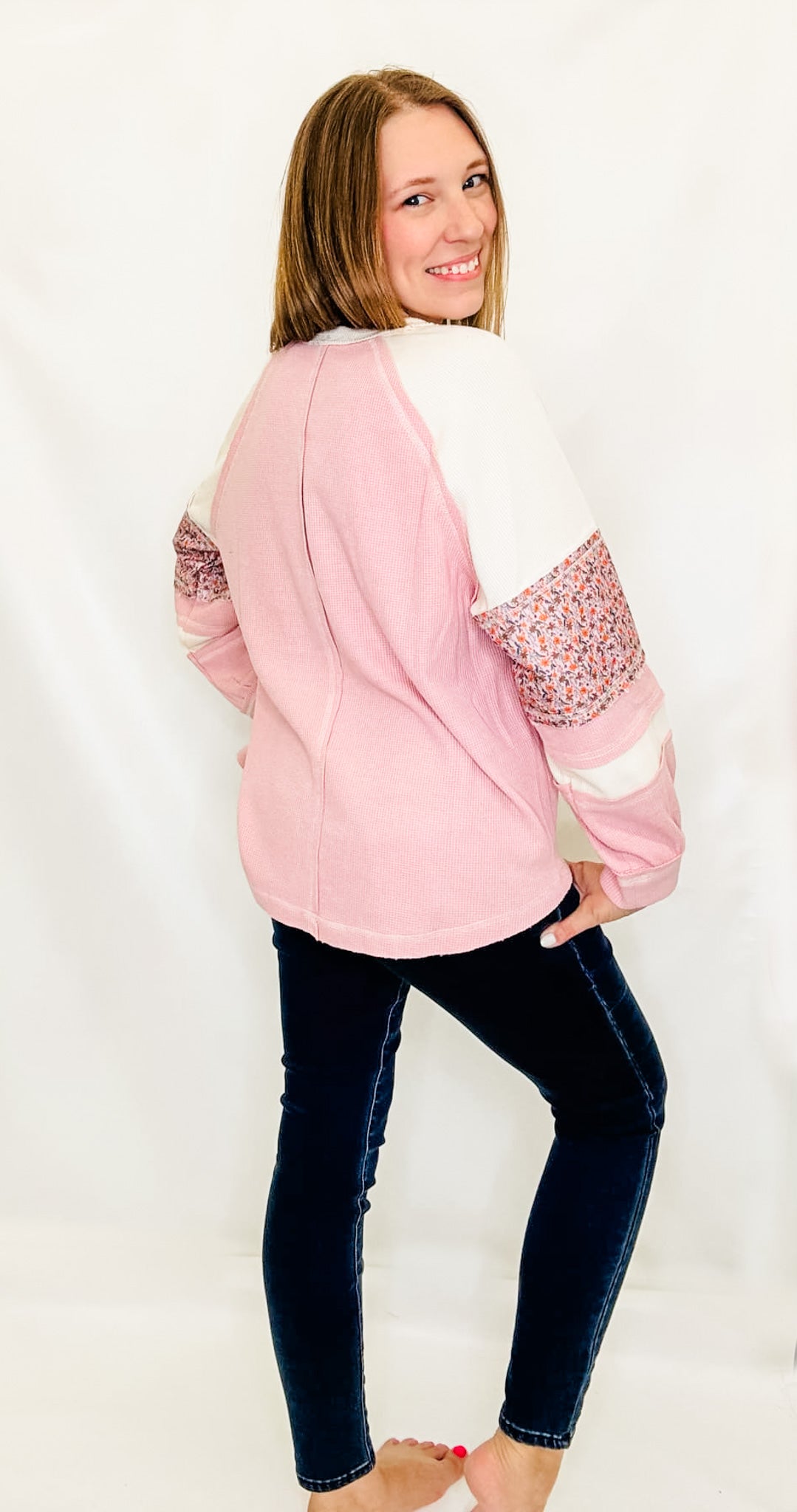 Pink Floral Waffle Knit Long Sleeve