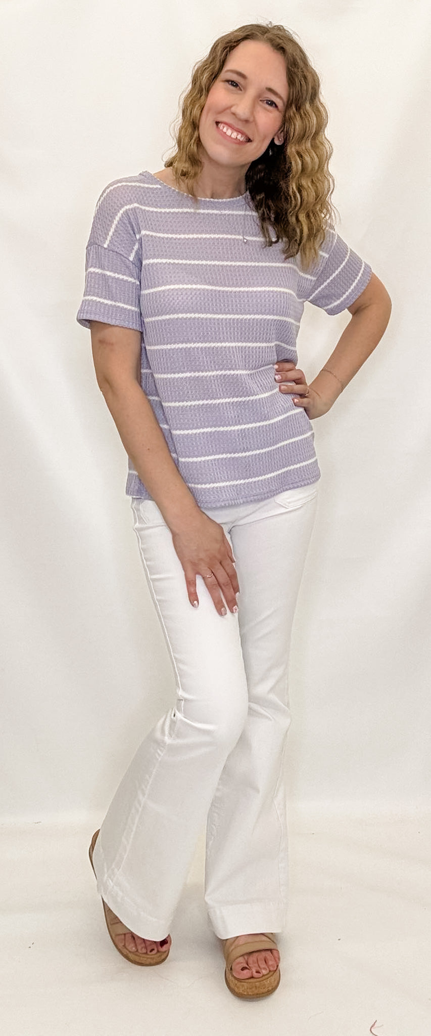 Lavender Waffle-Knit Striped Short Sleeve