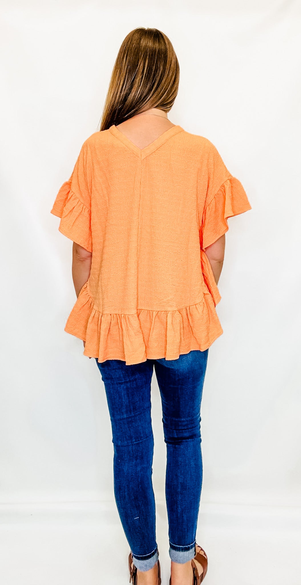 Cantaloupe Orange Side Ruffle Short Sleeve