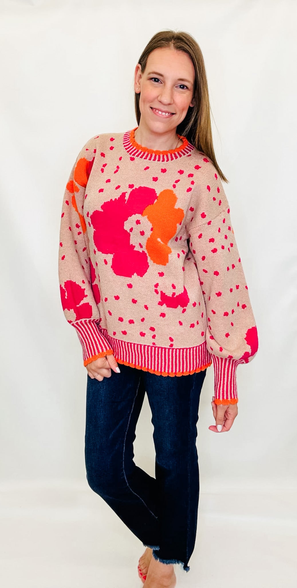 Beige, Hot Pink & Orange Flower Sweater