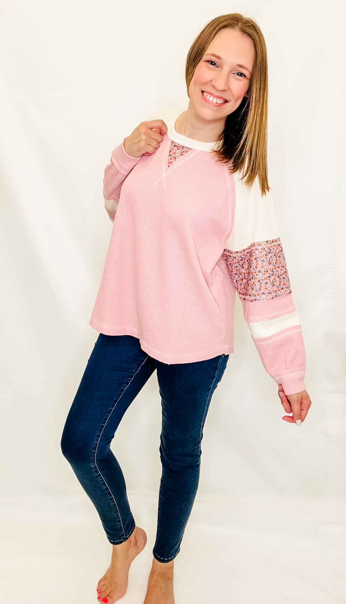 Pink Floral Waffle Knit Long Sleeve