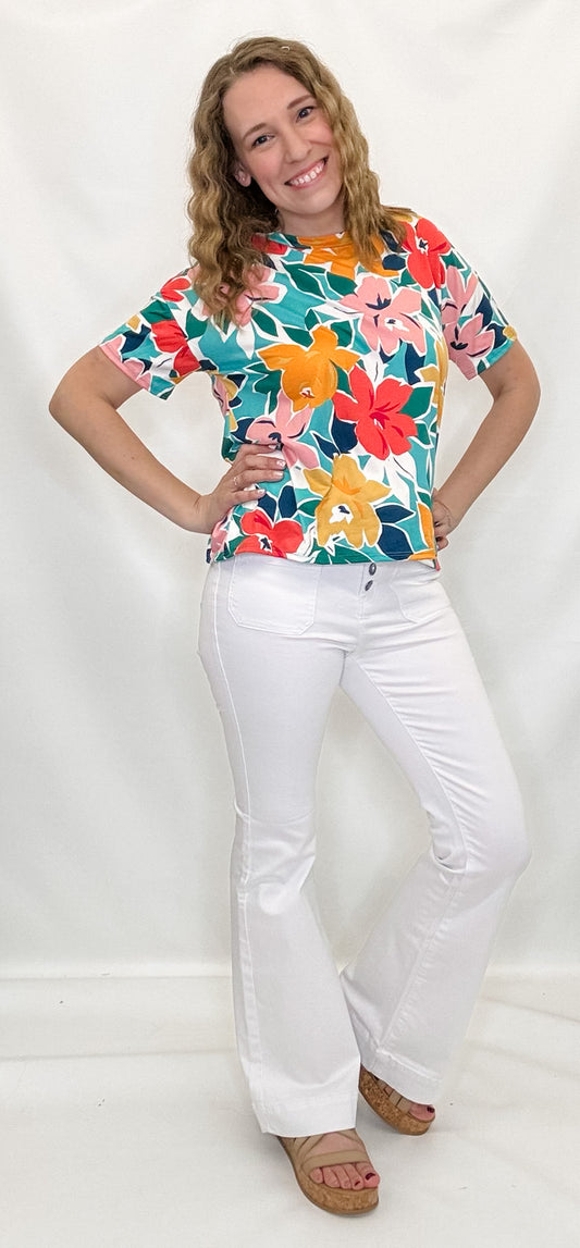 Teal & Orange Floral Print Short Sleeve