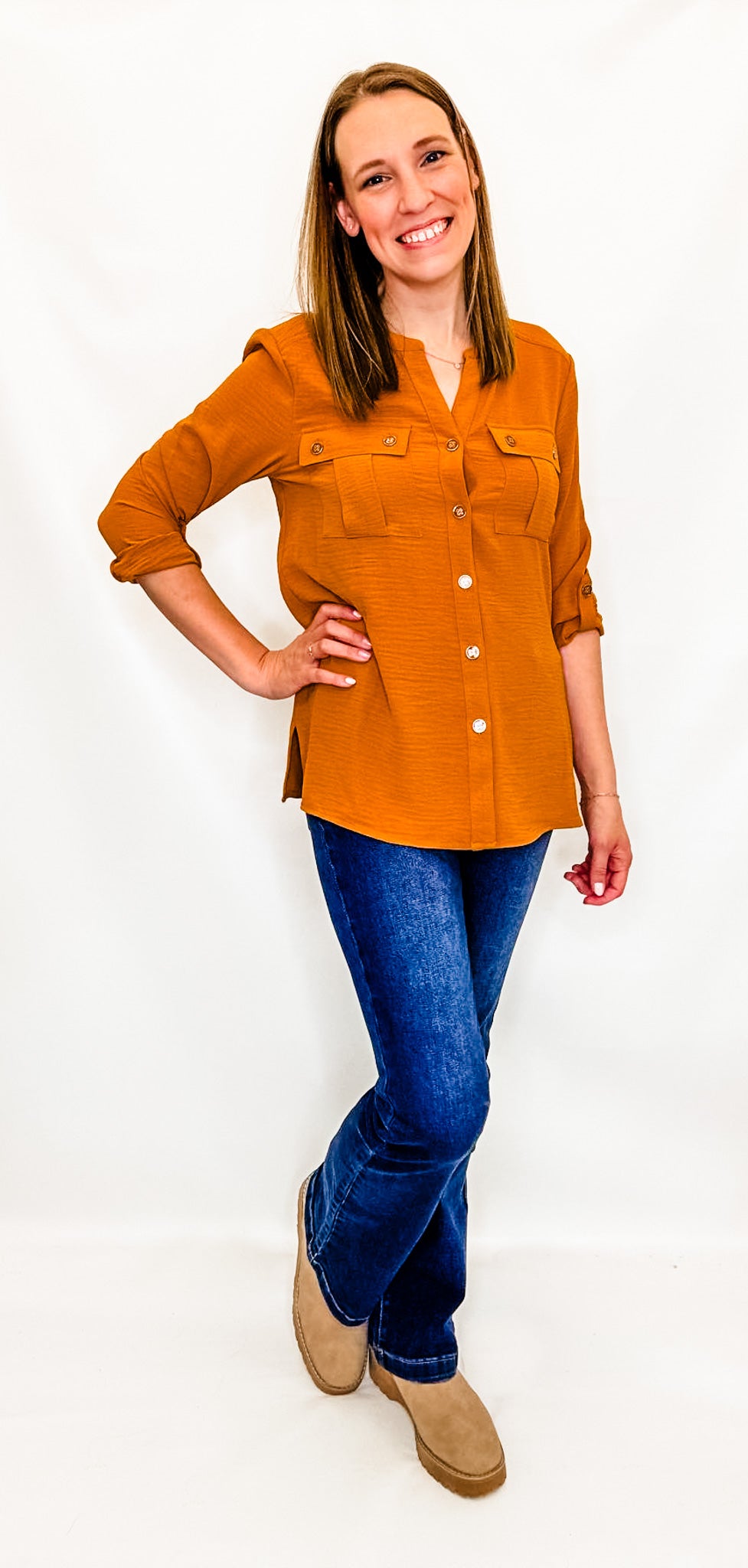 Multiples Dark Gold Button Up Blouse