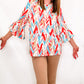 Multiples Aqua & Red Zig Zag 3/4 Sleeve Top