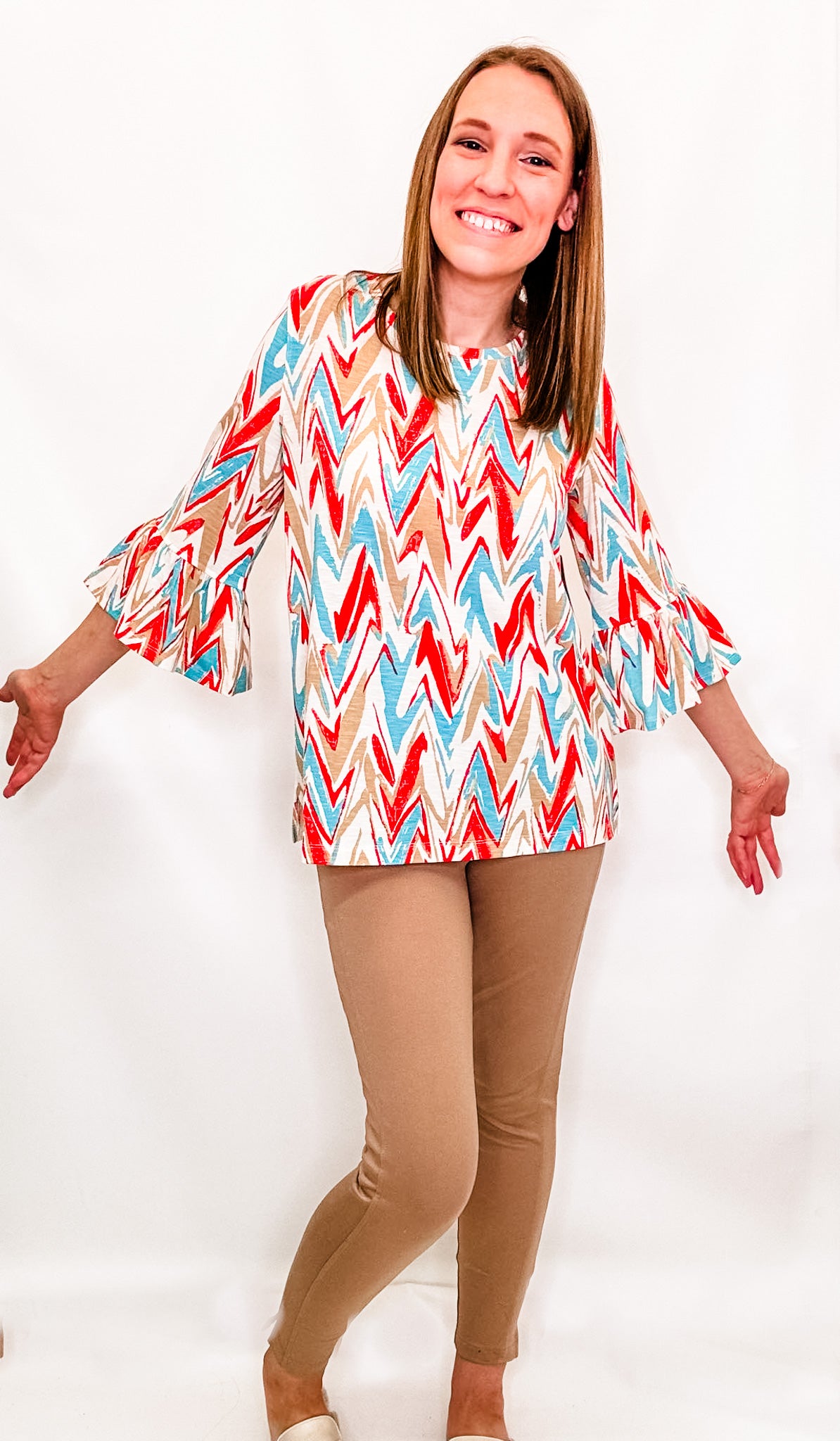 Multiples Aqua & Red Zig Zag 3/4 Sleeve Top