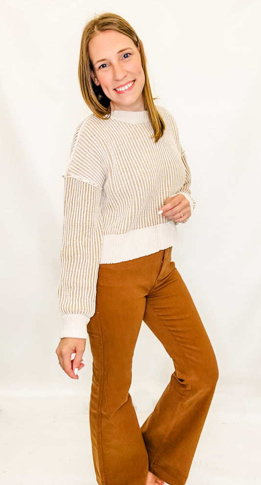 Cream, Two-Tone Striped Sweater