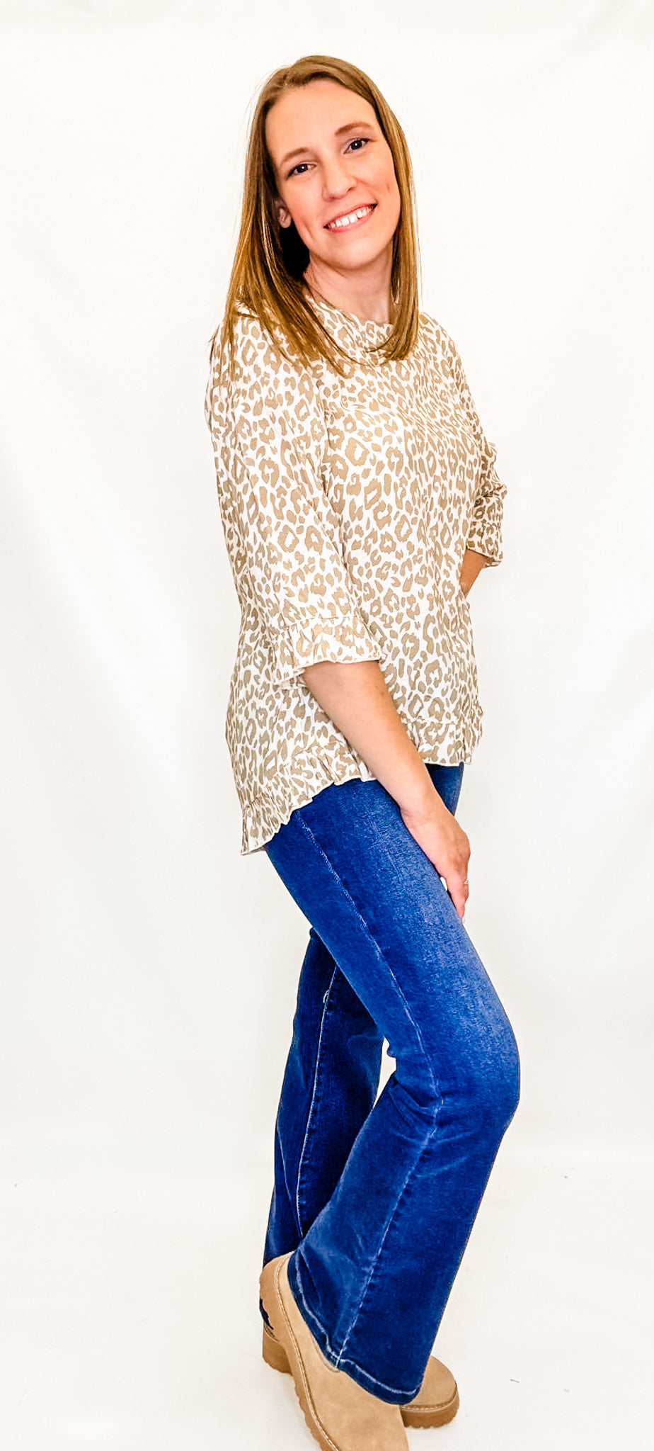 Multiples Khaki Leopard Top with Ruffle Accent