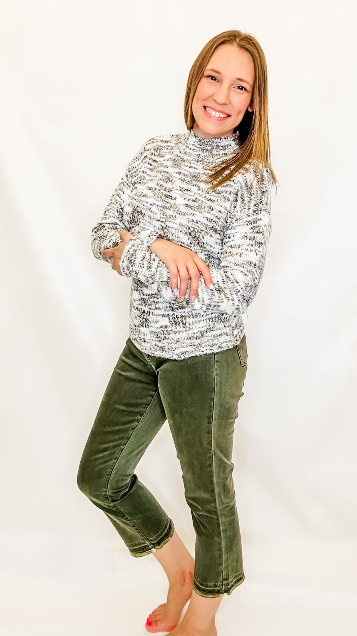 Tribal Aloe Green Mock Neck Sweater