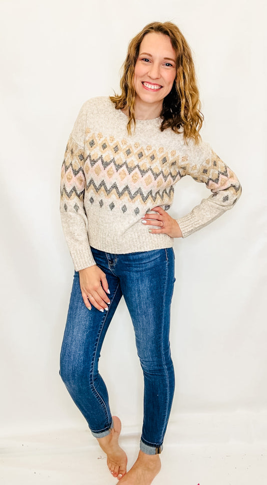 Pink & Taupe Geometric Design Sweater