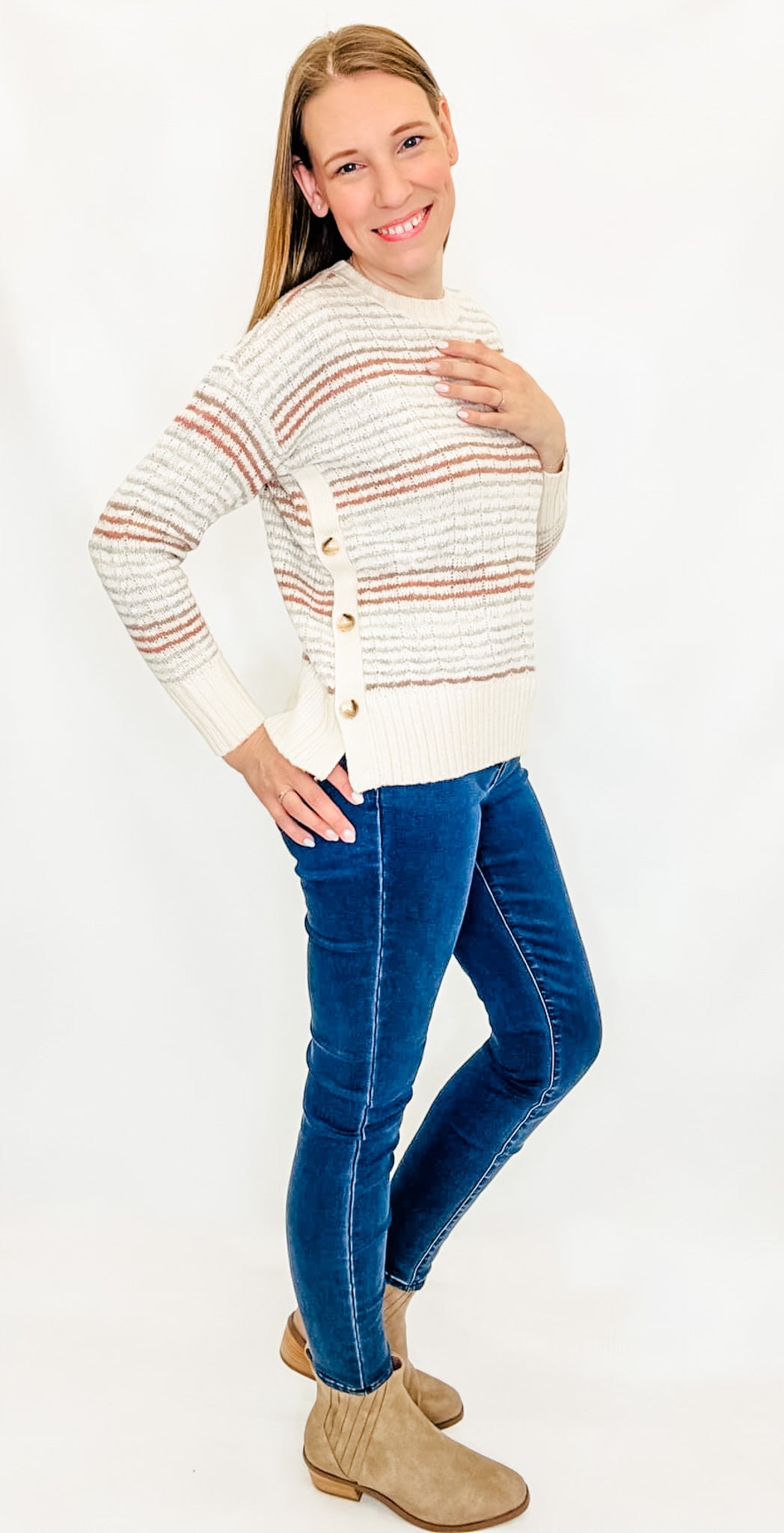 Charlie B Cream Striped Sweater with Buttons