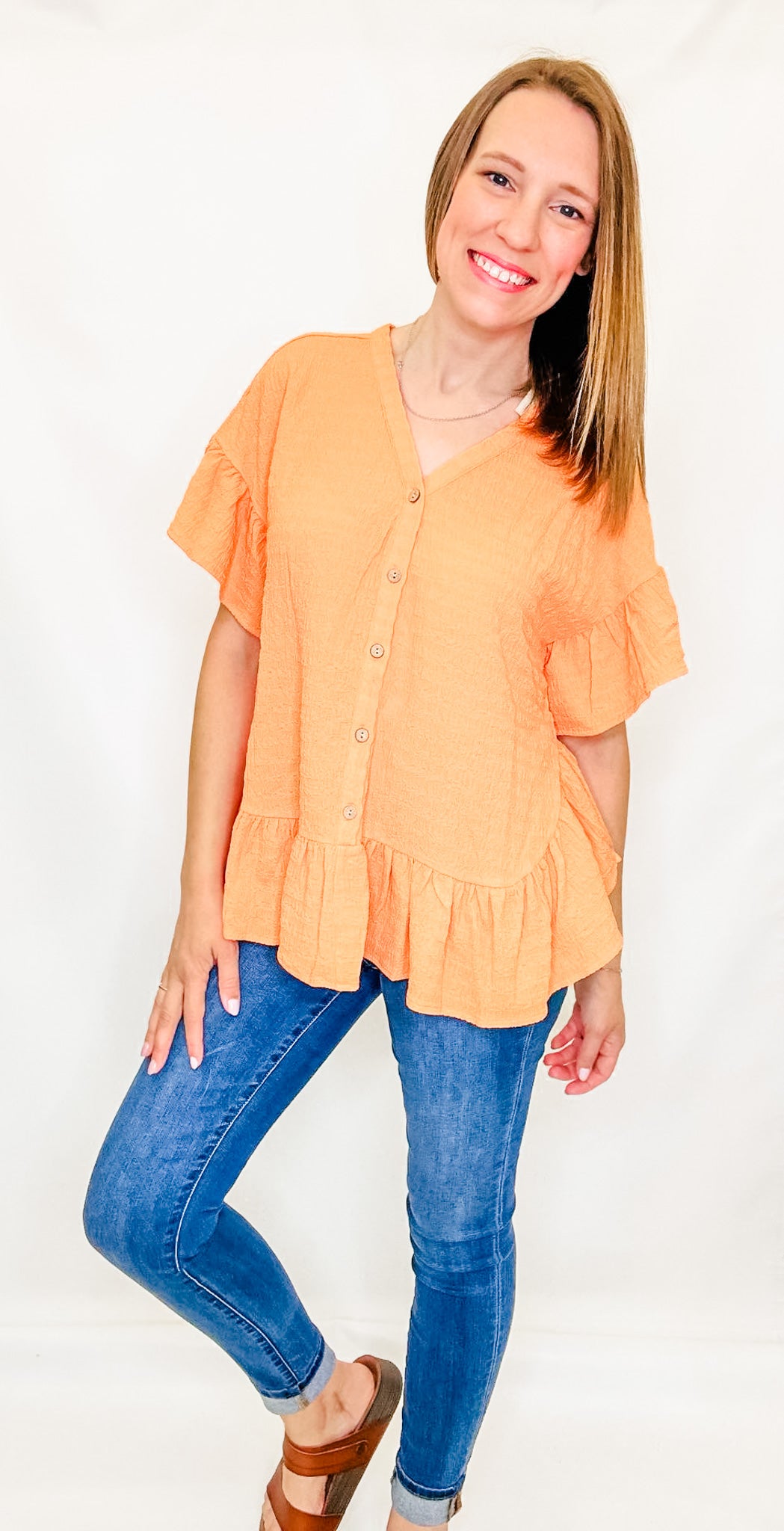 Cantaloupe Orange Side Ruffle Short Sleeve