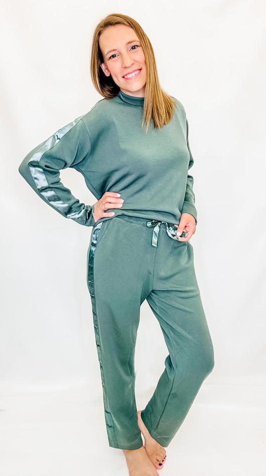 Sage Leaf Scuba Knit Pants with Side Satin Detailing