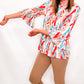 Multiples Aqua & Red Zig Zag 3/4 Sleeve Top