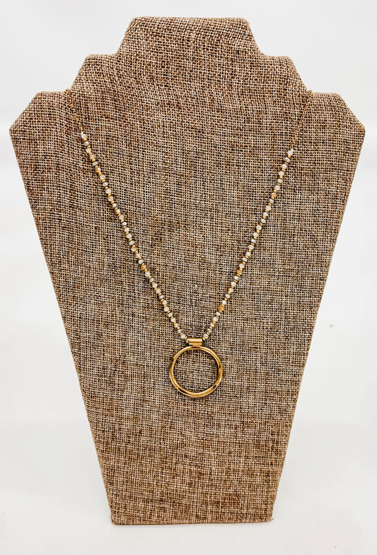 Long, Beaded Necklace with Gold Circle Pendant