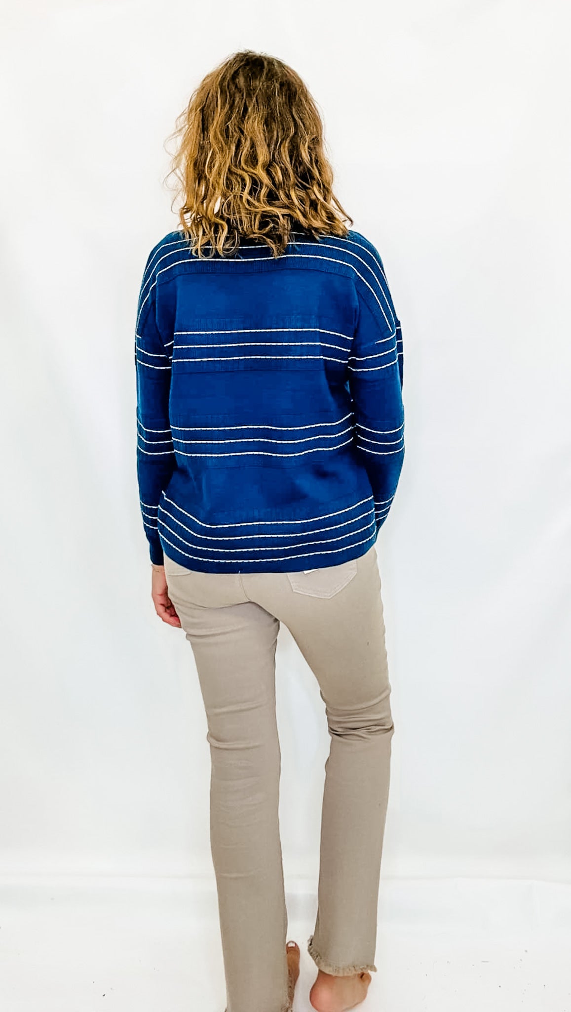 Dark Teal & Cream Stripe Knit Crew Neck Sweater