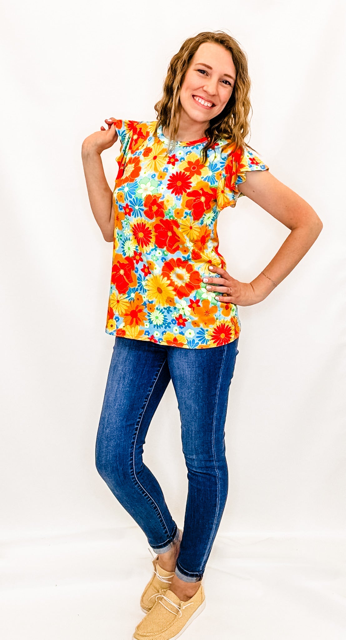 Blue, Red & Yellow Floral Flutter Short Sleeve