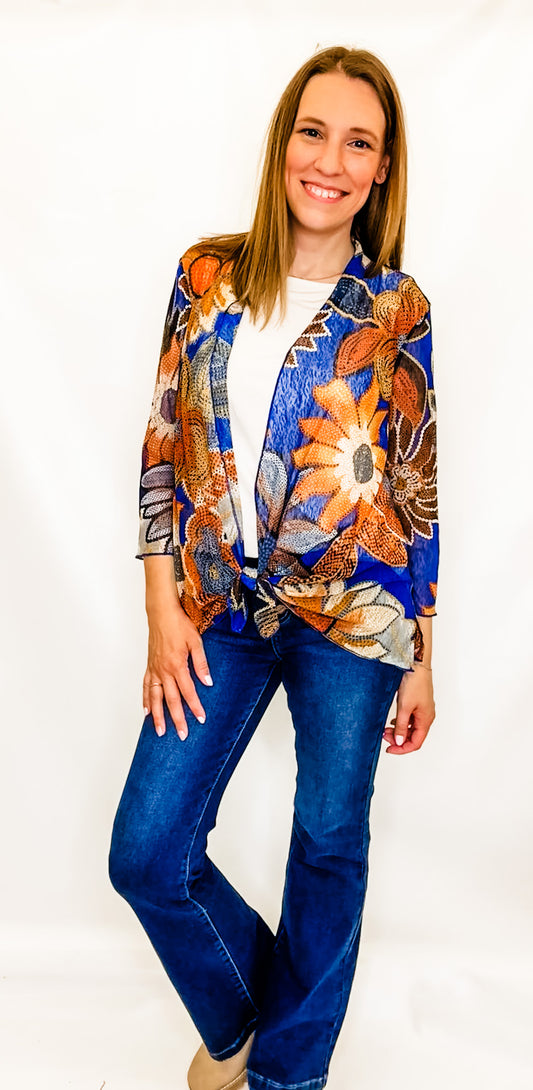 Multiples Blue & Rust Floral Open Jacket