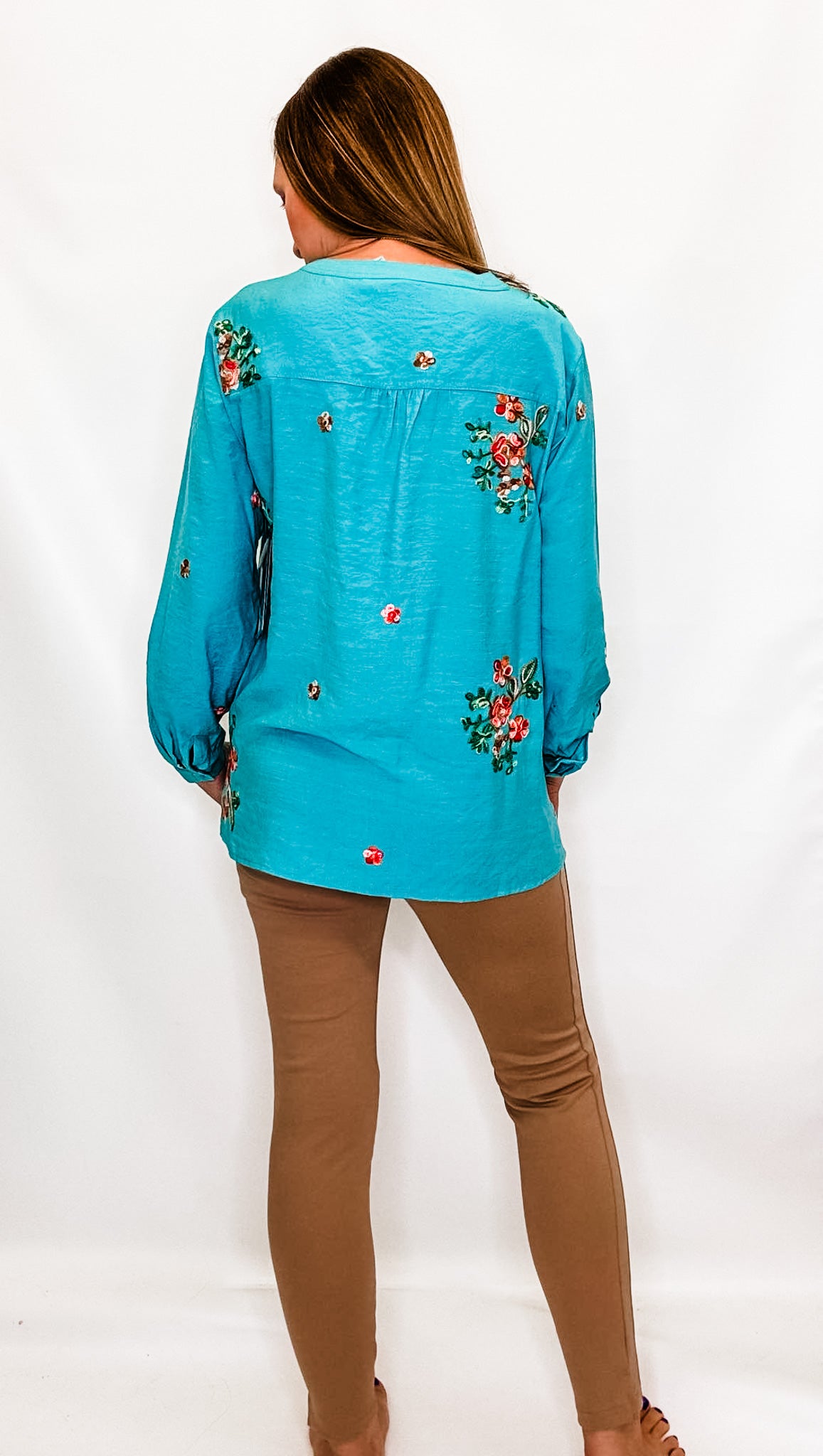 Multiples Aqua Floral Button Up Top