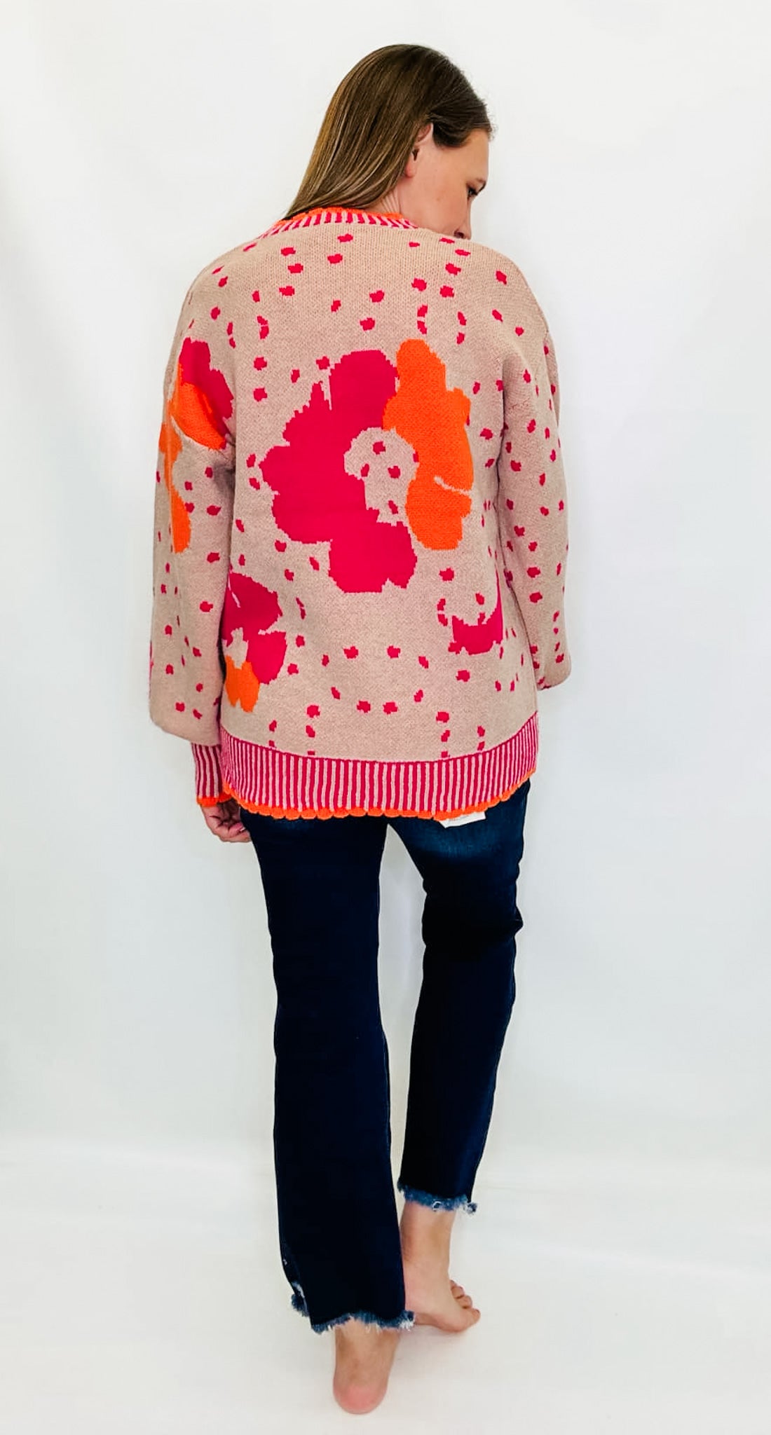 Beige, Hot Pink & Orange Flower Sweater