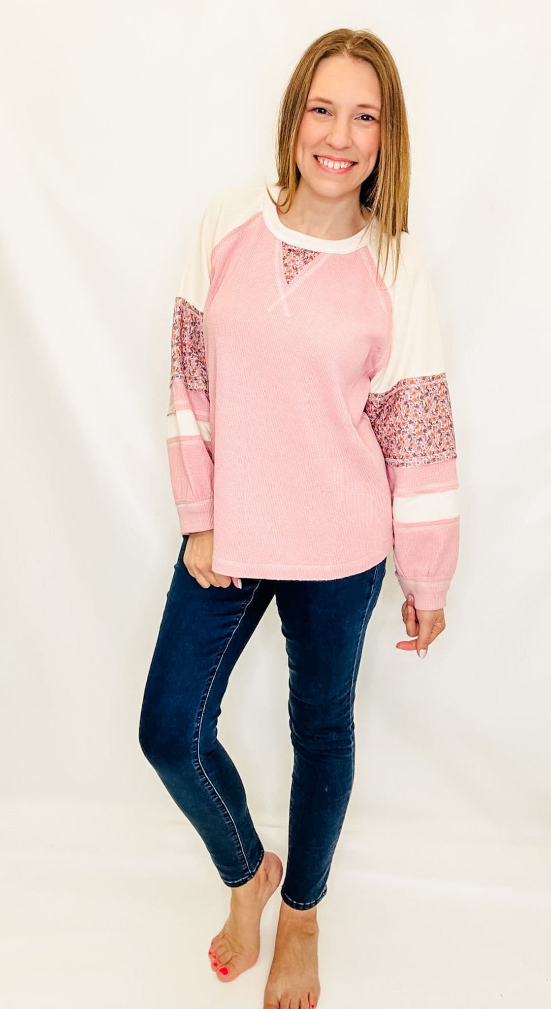 Pink Floral Waffle Knit Long Sleeve