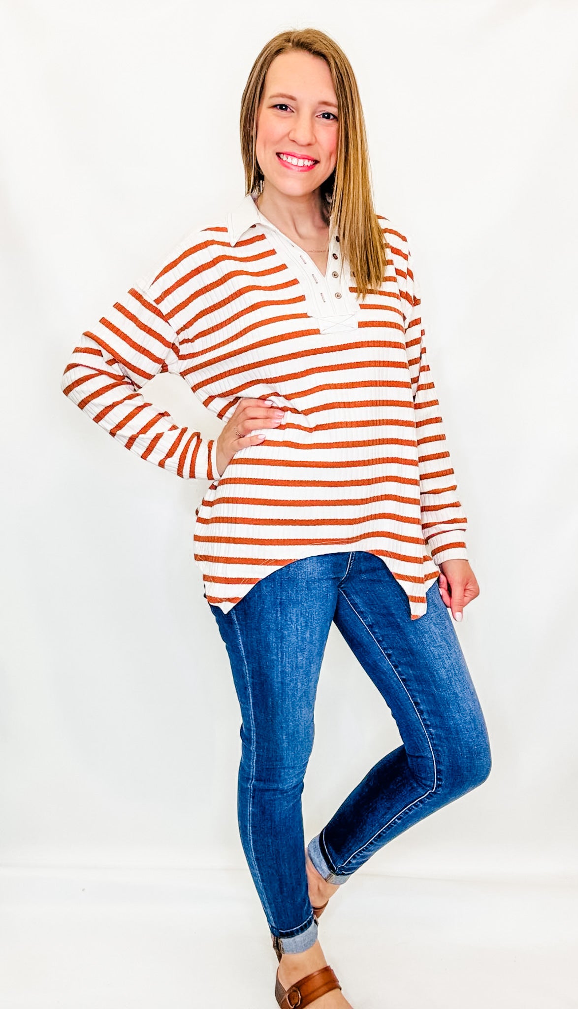 Cream & Rust Stripes Top with Collar