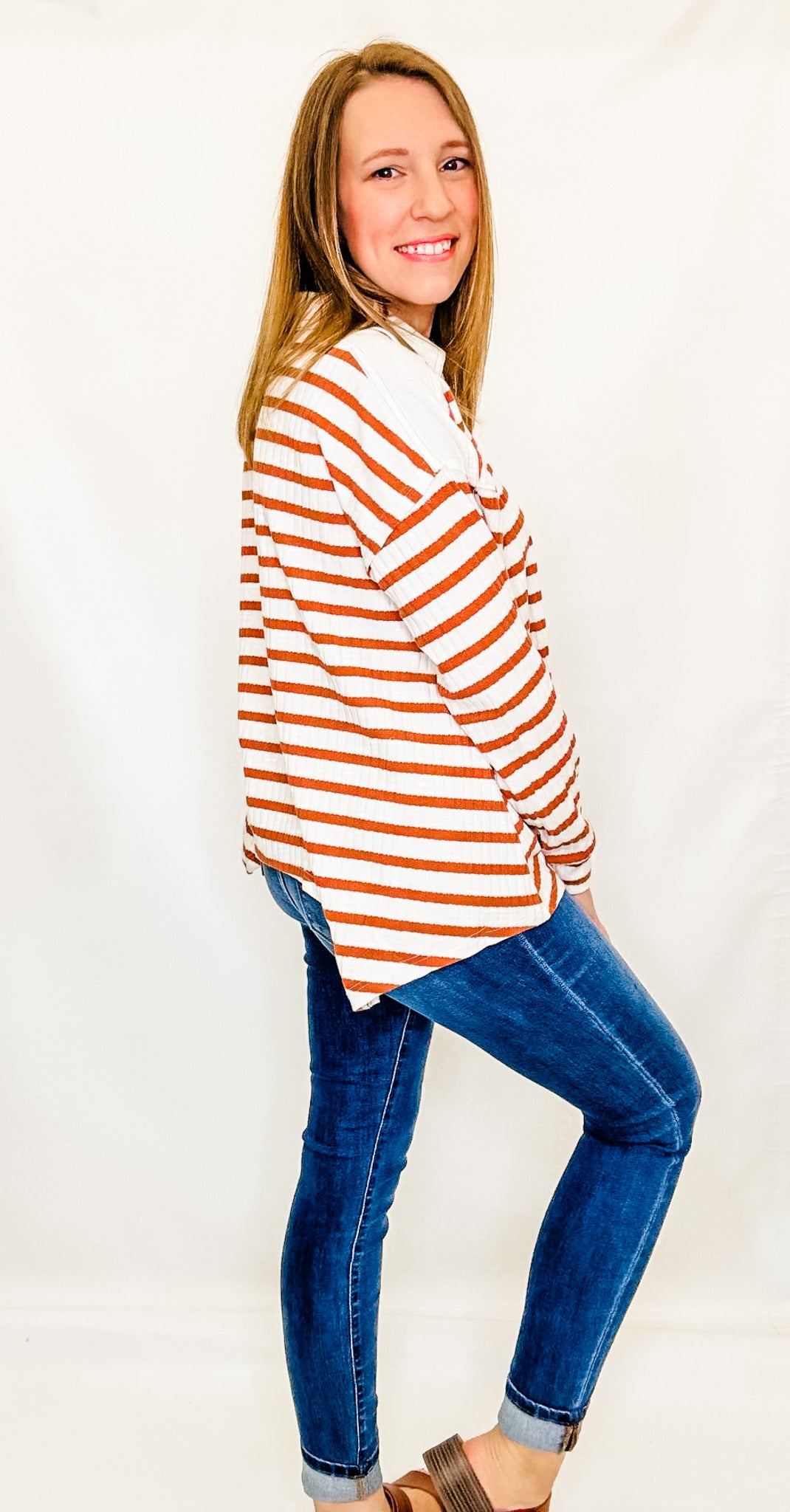 Cream & Rust Stripes Top with Collar