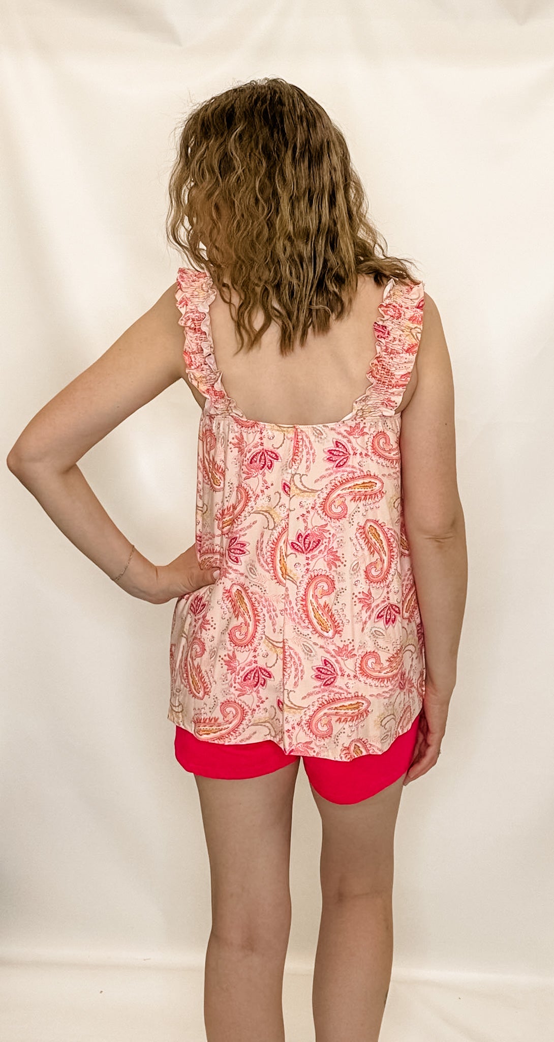 Pink Paisley Smocked Shoulder Tank