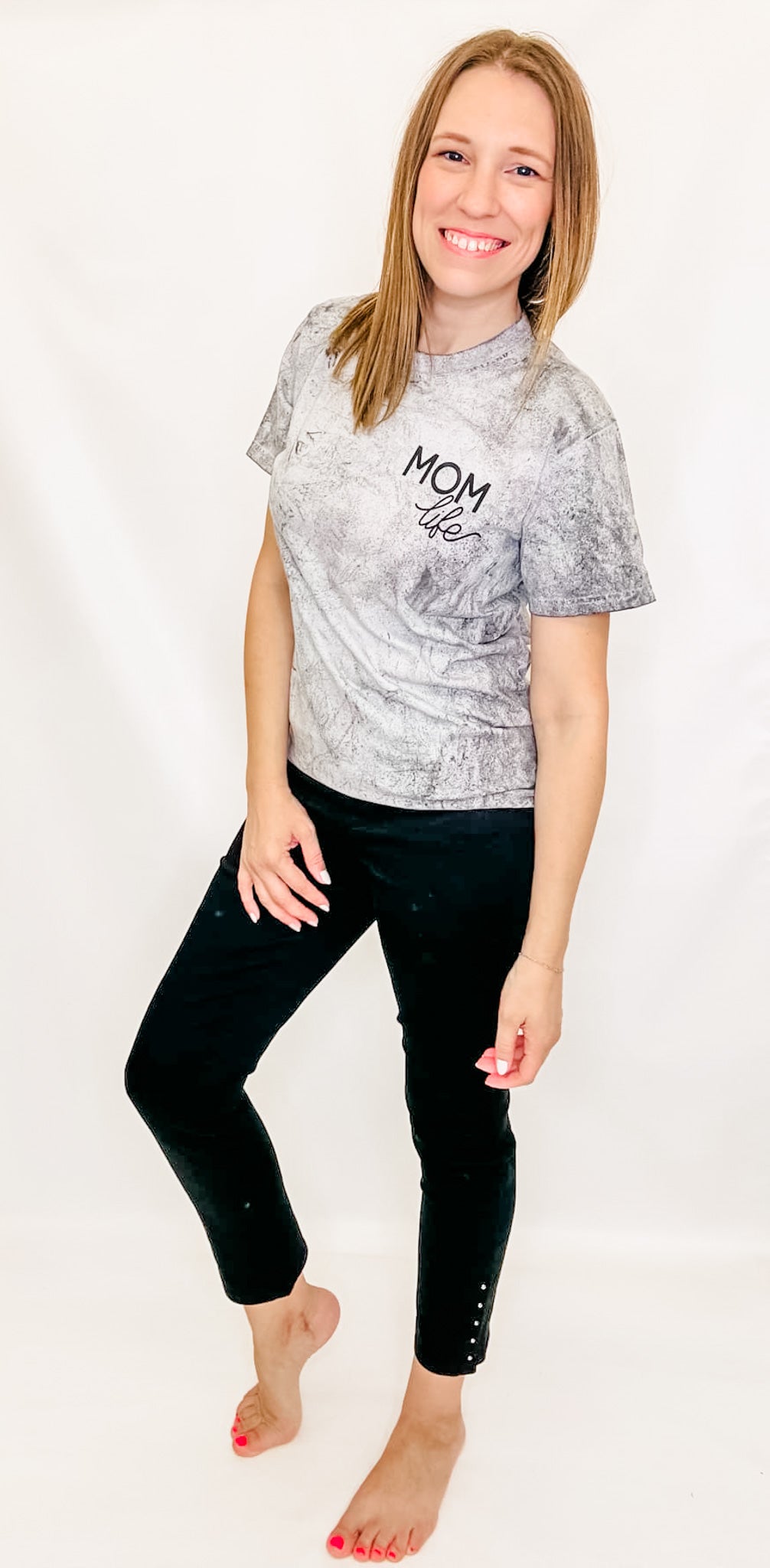 Mom Life Acid Wash Gray Graphic Tee