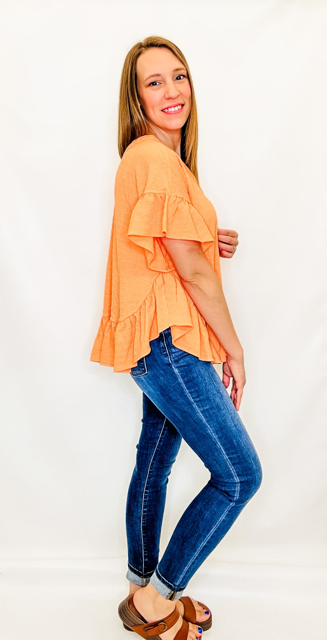 Cantaloupe Orange Side Ruffle Short Sleeve