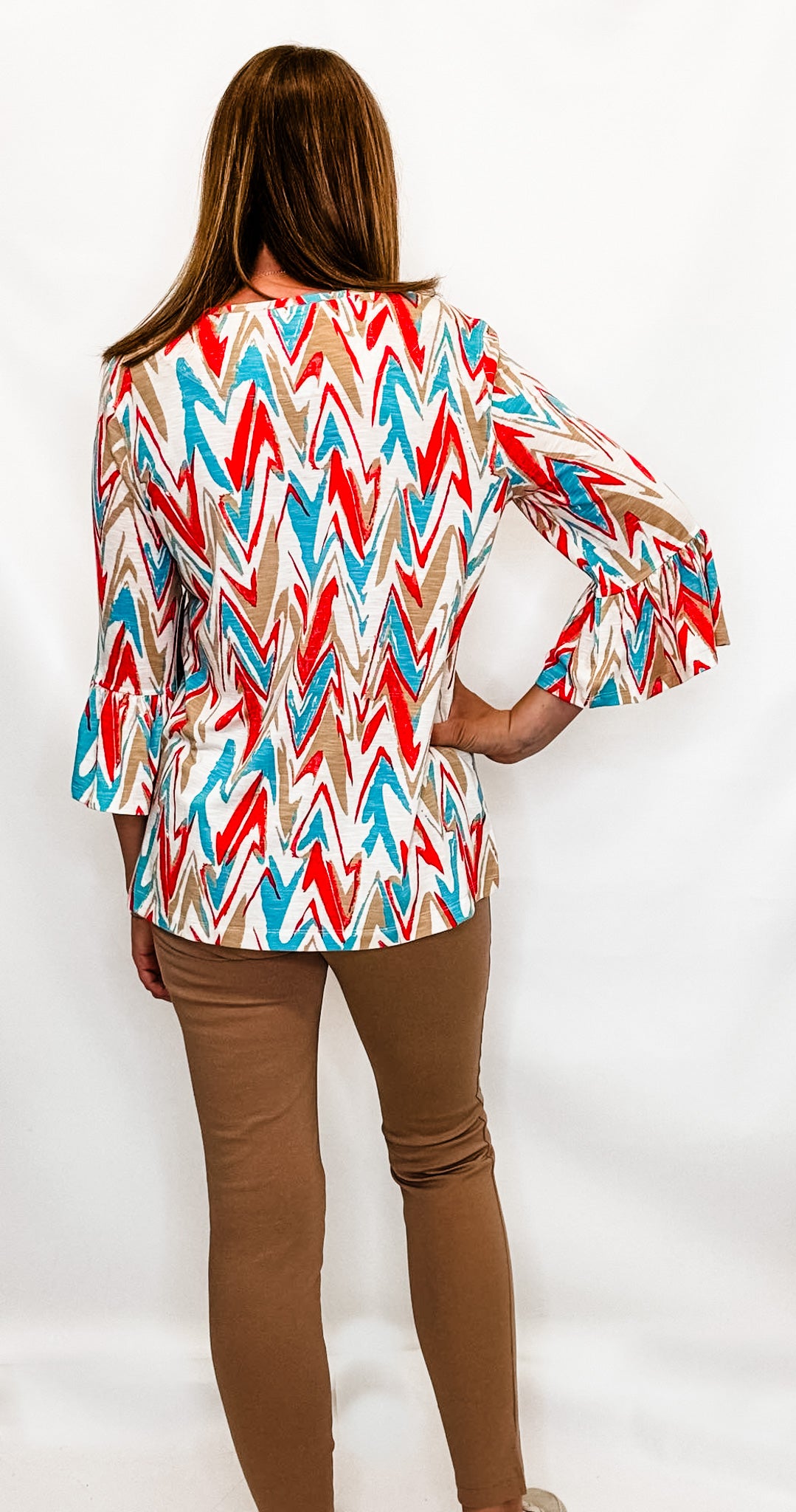 Multiples Aqua & Red Zig Zag 3/4 Sleeve Top