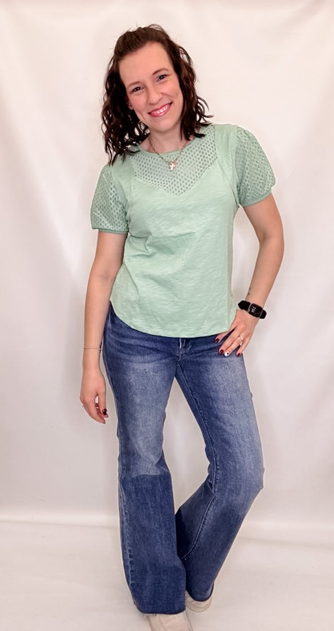 Mint Green Cotton and Lace Short Sleeve