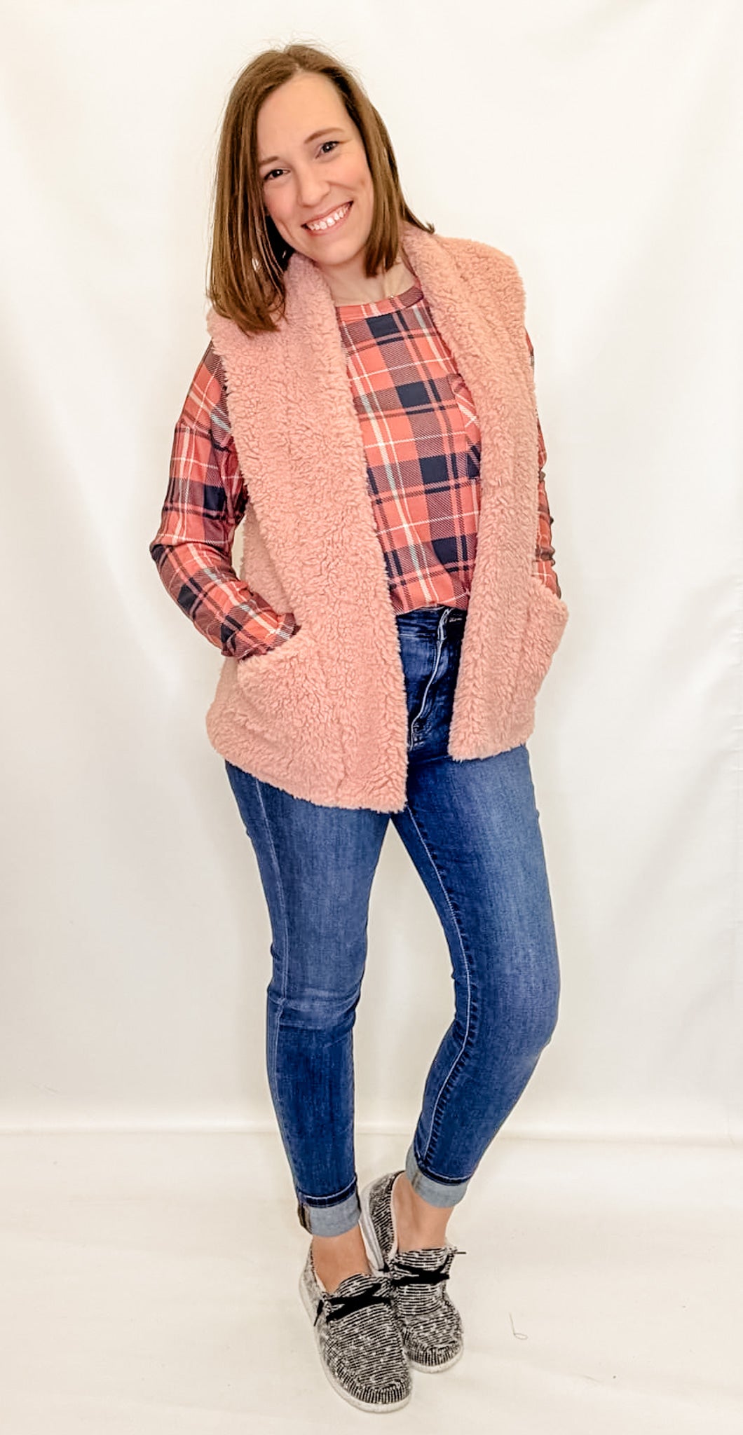 Blue & Pink Plaid Long Sleeve Top