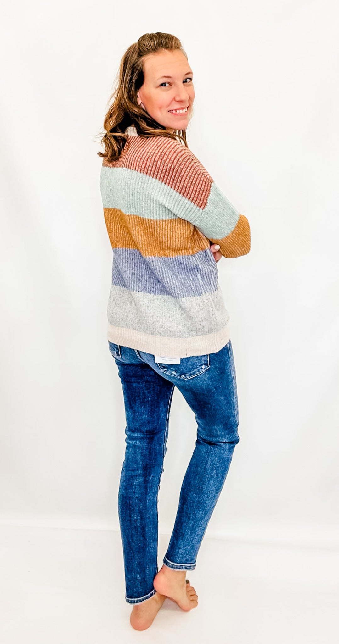 Rust, Blue & Mustard Color Block Ribbed Sweater