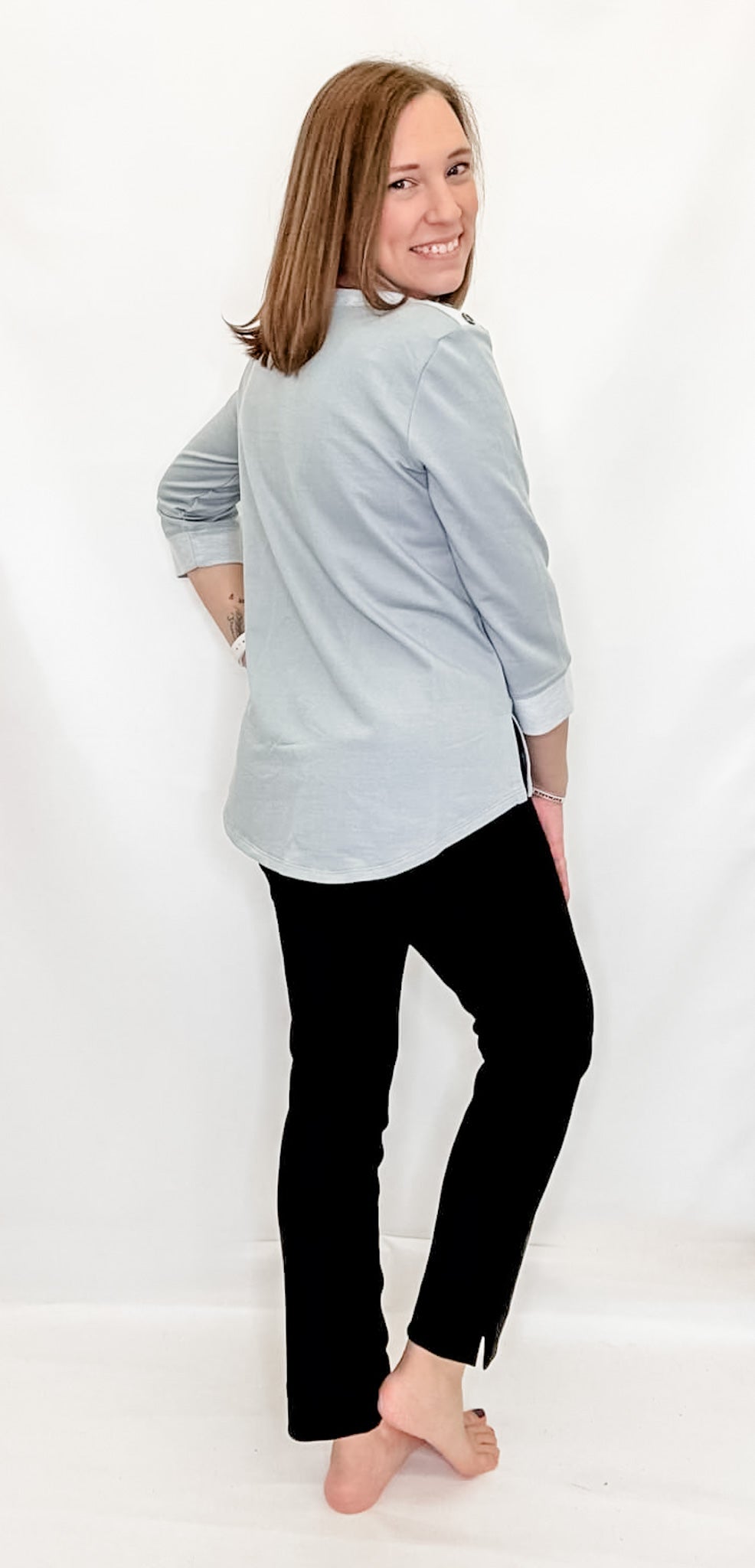 Multiples Sky Gray 3/4 Sleeve Top with Buttons