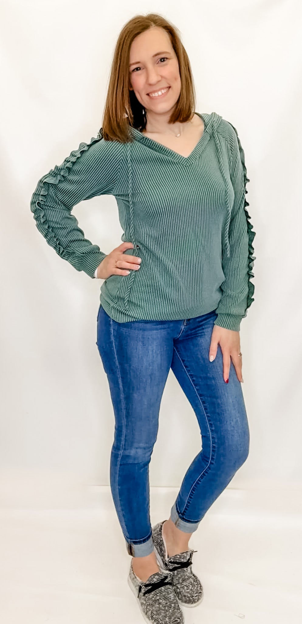 Vintage Olive Ribbed Casual Hoodie with Ruffle Sleeves