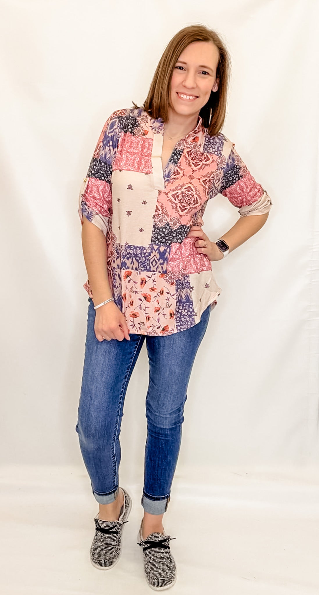 Mauve & Blue Floral Color Block Top